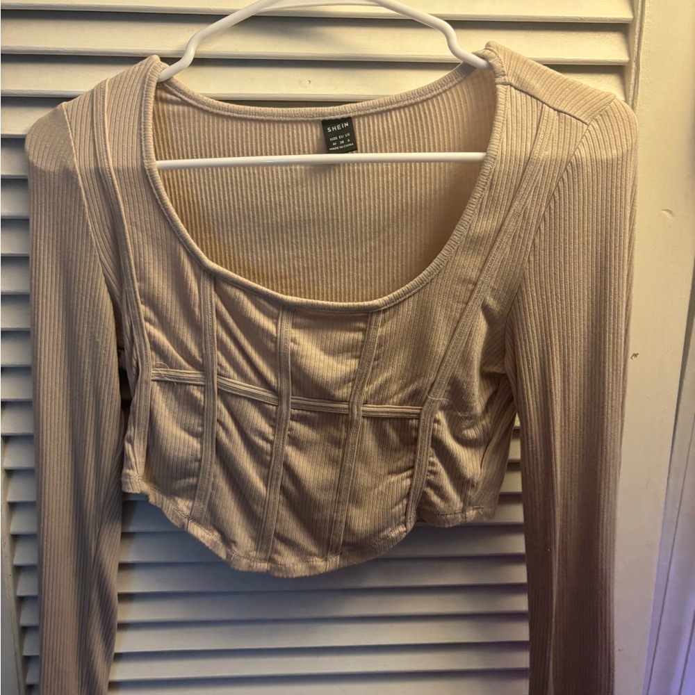 SHEIN Women's Ribbed Long Sleeve Crop Top - Beige